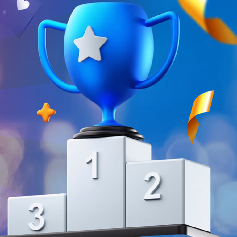 Blue trophy on winner podium symbolizing Betski Casino tournament rewards and leaderboard prizes.