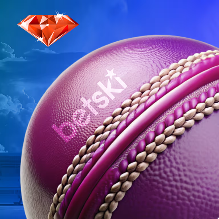 Purple cricket ball with Betski logo and diamond icon showcasing premium cricket betting experience.